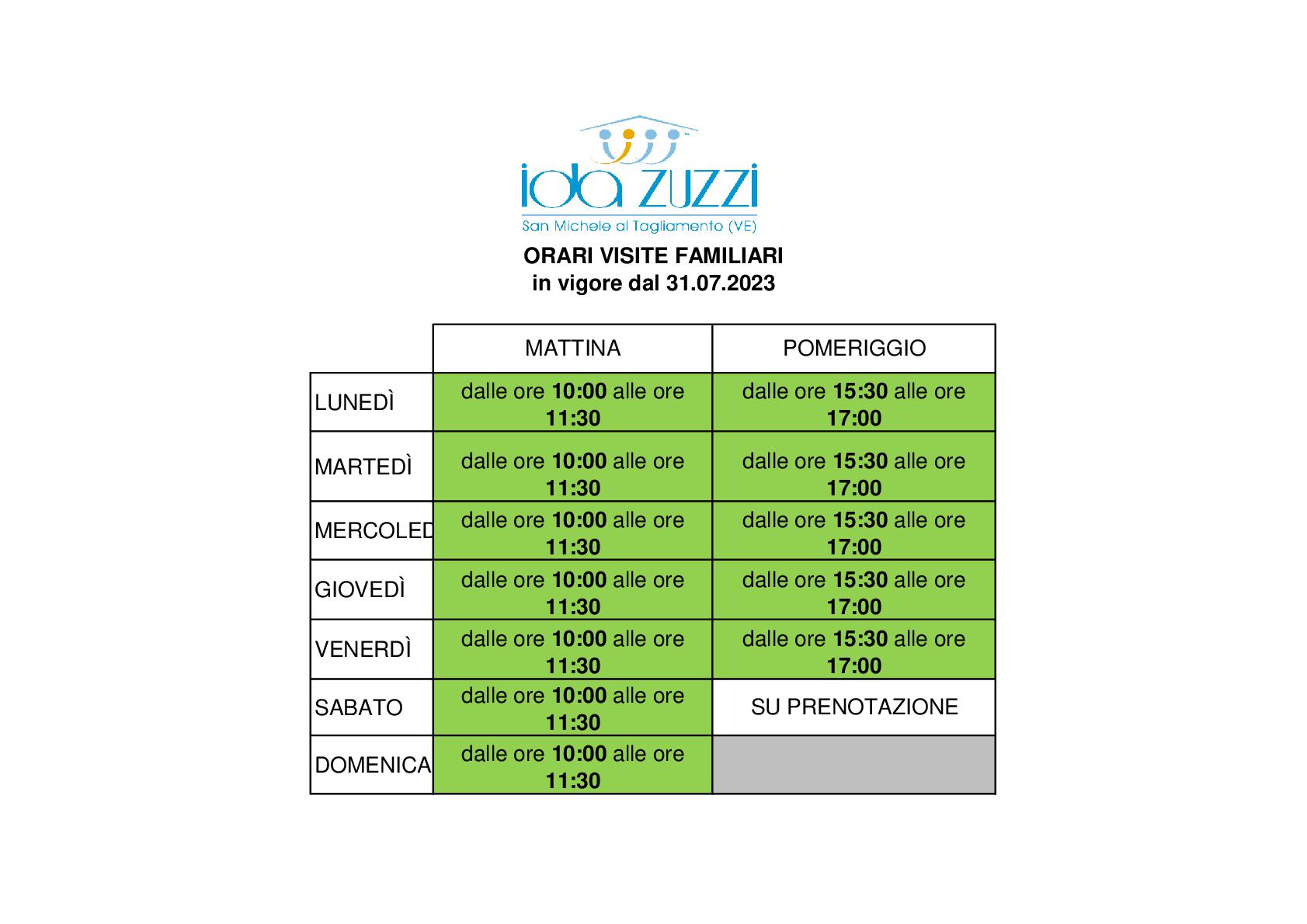 NUOVI ORARI VISITE FAMILIARI CASA DI RIPOSO "IDA ZUZZI" - in vigore dal